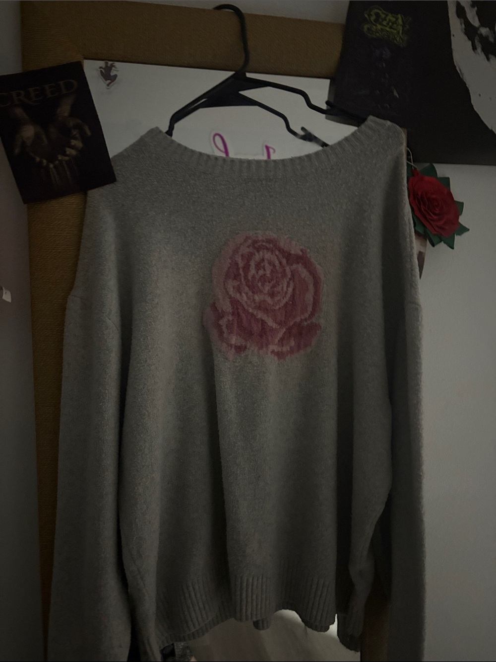 Hollister Gray Crewneck Sweater with Pink Rose Graphic